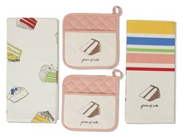 Pink Kitchen Towel and Pot Holder Set 4 Pc Recipease NEW Piece of Cake - £12.69 GBP