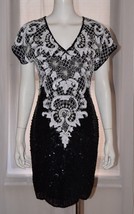 Vintage CARINA Black White Beaded Sequin Silk Evening Cocktail Dress Small S VTG - £48.21 GBP