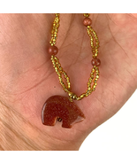 Bear Goldstone Pendant Necklace 16&quot; Gold Seed Beads - £12.20 GBP