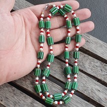 Green Chevron and White Heart Venetian Beads Glass Beads Necklace NCC-3 - £38.13 GBP