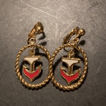 Vintage Avon Gold Tone Nautical Anchor Red White Dangle Clip On Earrings - £6.23 GBP