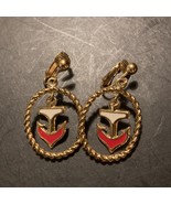 Vintage Avon Gold Tone Nautical Anchor Red White Dangle Clip On Earrings - £6.18 GBP
