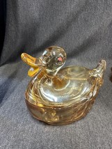 Marigold Carnival Glass Open Billed Duck Covered Dish, Candy, Powder, Trinket - £18.52 GBP