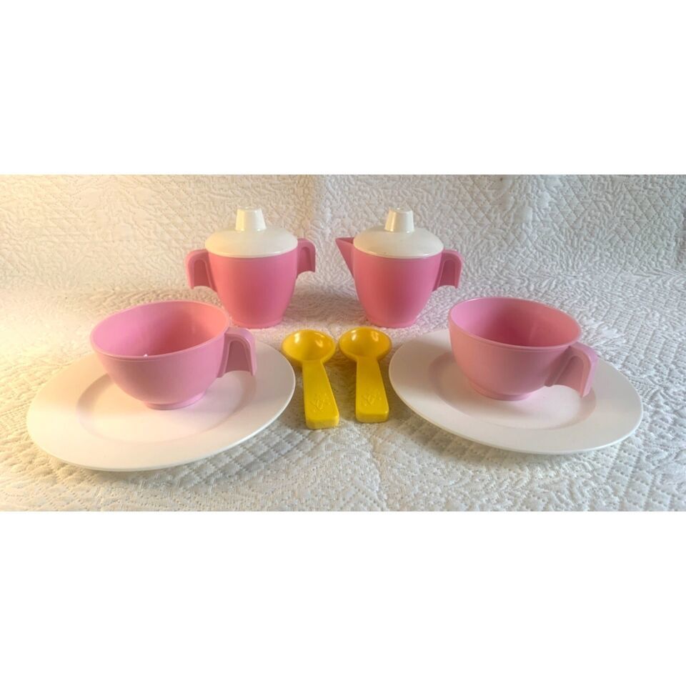 Fisher Price Vintage 1982 Tea Set Pink Creamer Sugar Cups Plates Spoons - $19.79