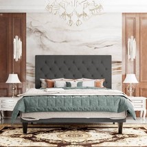 King Size Adjustable Height Grey Linen Tufted Low Profile Platform Bed - $690.45 CAD