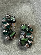Vintage Green Nugget Silvertone Lacey Bead &amp; Green w Clear Rhinestone Rondelle - £9.02 GBP