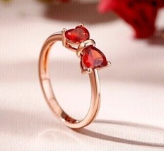 14k Rose Gold Plated 2.20Ct Heart Simulated  Red Ruby Two Stone Engagement Ring - £105.68 GBP