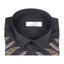 Men CEREMONIA Turkey Shirt 100% Cotton Fancy Rhine Stone #Roma 15 Black Slim Fit image 9
