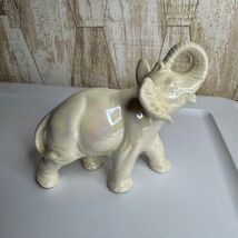 Ceramic Elephant Figurine Iridescent Cream White Trunk Up Lucky Decor - $15.00