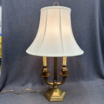 Vtg mid century ELECTRIC Faux CANDELABRA Brass TABLE LAMP Fabric SHADE 28” Tall - $54.45