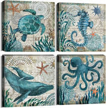 Bathroom Wall Art Beach Decor Ocean Sea Turtle Octopus Canvas Pictures - £24.28 GBP