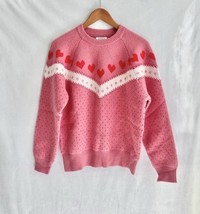 Storia Elvira Knit Heart Sweater LARGE Chunky Pink Hearts Boho Apres Ski... - $44.99