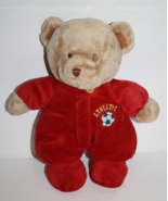 Carters Athletic Soccer Teddy Bear Lovey Red Tan Plush Stuffed 10&quot; Soft Toy - £9.27 GBP