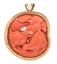 14k Yellow Gold Carved Birds Genuine Natural Coral Pin Brooch Pendant (#... - $628.65