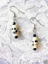Gothic Skull Carved Antique Tea Color Buffalo Bone Beads Dangle Drop Earrings - £5.52 GBP