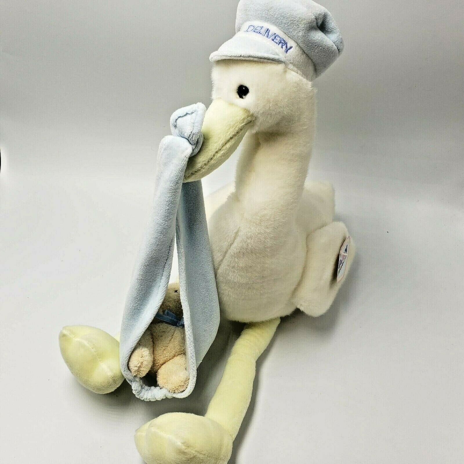 Baby Boy Stork Special Delivery Blue White Stuffed Plush 18" Aurora Baby Tags - $19.00