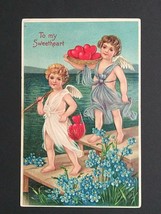 Valentines Day Cupid Fishing for Hearts Embossed BW Postcard Germany UNP c1910s - $14.99