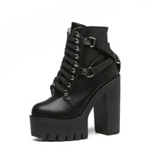 Fashion Black Boots Women Heel Spring Autumn Lace-up Soft Leather Platform Shoes - £54.18 GBP