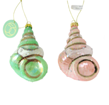 Dept 56 Sea Shell Blown Glass Christmas Ornament Set Pink Green Glitter Gold - £15.78 GBP