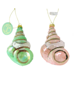 Dept 56 Sea Shell Blown Glass Christmas Ornament Set Pink Green Glitter ... - £15.55 GBP