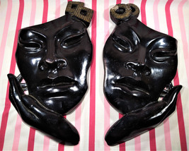 Gorgeous Vintage 1956 Esco 2pc Black/Gold 17&quot; Deco Chalkware Face Wall Plaques - £139.88 GBP