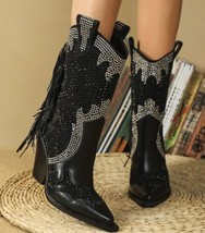 Women&#39;s Cowboy Chunky Heel Tassel Fringe Zip-Up Black PU Leather Boots - £82.47 GBP
