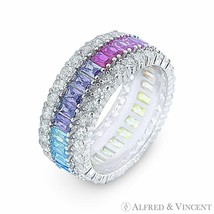 CZ Crystal Rainbow Anniversary Band 925 Sterling Silver w/ Rhodium Eternity Ring - £29.65 GBP