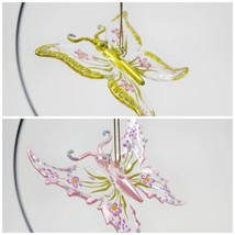 2 Vintage Butterfly Blown Glass Clear Purple Green Hand Painted Floral Ornaments - £20.07 GBP