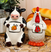 Holstein Cow and Hen Holding Steak &amp; Roast Chicken Sign Salt Pepper Shak... - $16.99