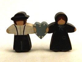 Wooden Cutout Figurine, Hand Painted Wood, Abstract Amish Couple Holding Heart - $9.75