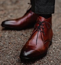 Handmade men&#39;s Bespoke Classic Leather Maroon lace up Chukka boots - US ... - £110.93 GBP
