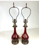 Stunning Pair of Two 2 Vtg MCM Etched Glass Brass Red Cranberry Table Desk Lamps - $233.75