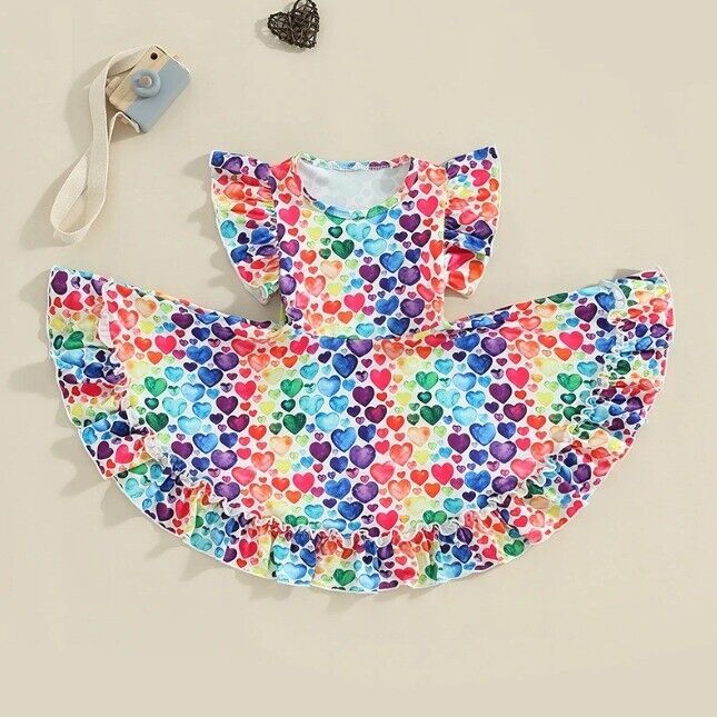 NEW Valentine&#39;s Day Girls Rainbow Heart Print Short Sleeve Dress - $3.89+