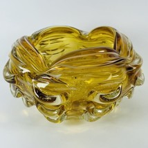 MCM Art Glass Amber Brown Yellow Folded Edges Candy Dish Bowl Heavy 6.5&quot;... - £42.72 GBP