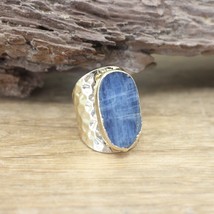 Natural Kyanite Open Ring Irregular Blue Quartz Gems Golden/Silvery Resizable Fi - £9.56 GBP