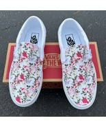 Classic Vintage Floral Pattern Custom White Slip On Vans - Men&#39;s/Women&#39;s... - $169.00