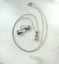 Vintage AVON 925 Sterling Silver Genuine Pearl Necklace Earrings Set C3563 - £38.76 GBP