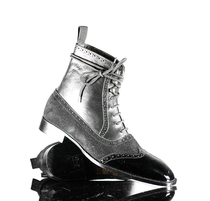 Handmade Men Black Leather Suede Wing Tip Lace Up Boots, Men Ankle Fashion Boot