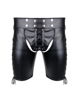 Fetish underwear For Men Faux Leather Lace Up Pants Open Butt Shorts - $376.73 MXN