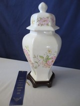 Vintage Blue Ribbon Porcelain Ginger Jar Vase Floral Lid - £78.18 GBP