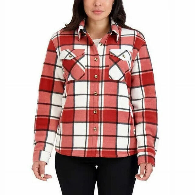 Primary image for Women's Long Sleeve Plaid Sherpa Lined Fleece Shirt Jacket with Pockets S,  Red