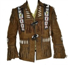 Men&#39;s Brown Western Style Bone Eagle Beads Fringed Suede Leather Concho Jacket - £181.27 GBP