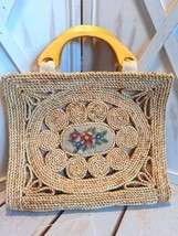 Wicker Rattan Floral Embroidered Summer Bag Purse Wood Handles Zipper Vintage  - £23.38 GBP
