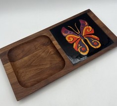 Vtg MCM Ceramic Butterfly Tile Wood Charcuterie Cheese Board Retro Boho ... - £20.89 GBP