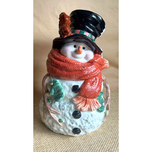 Friendly Snowman Cookie Jar Brown Squirrel Big Scarf Mittens Snowflakes Top Hat - £31.32 GBP