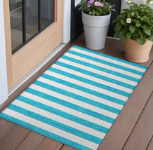 2&#39; X 3&#39; Teal Striped Washable Non Skid Indoor Outdoor Area Rug - $1,136.07 MXN