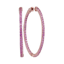 14k Rose Gold Round Pink Sapphire Slender Inside Outside Hoop Earrings 3-3/4 - $1,598.00