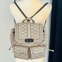 REBECCA MINKOFF QUILTED LOVE LEATHER BACKPACK PURSE, Tan/Gray, Luxury - $120.62