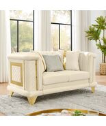 Beige Velvet Loveseat 69&quot; Tufted Sofa Mid-Century Modern Gold Trim - €1.095,65 EUR