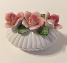 Pink Roses Trinket Jewelry Treasure Box Floral Oval Vanity Bowl White Po... - $24.00